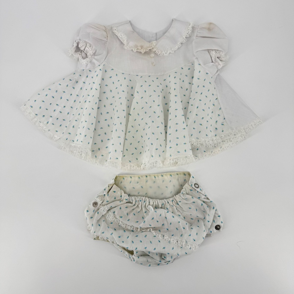 Vintage Sears Baby Girl Floral Dress Bloomer‎ Set White Blue Lace Trim Size S